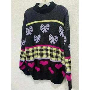 VTG women Small knit sweater Tunic Black Purple Bows Heart 1980s 1990s Oversized